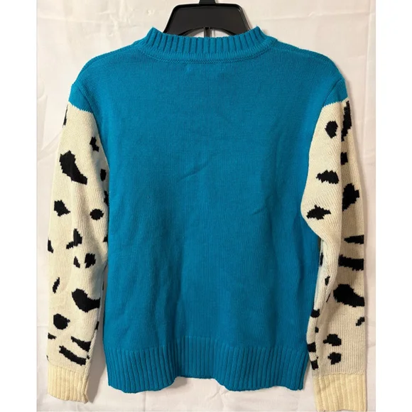 Knit Snow Leopard Sleeve Women’s Turquoise Crewneck Sweater Size M Retro Vibe - Picture 4 of 5